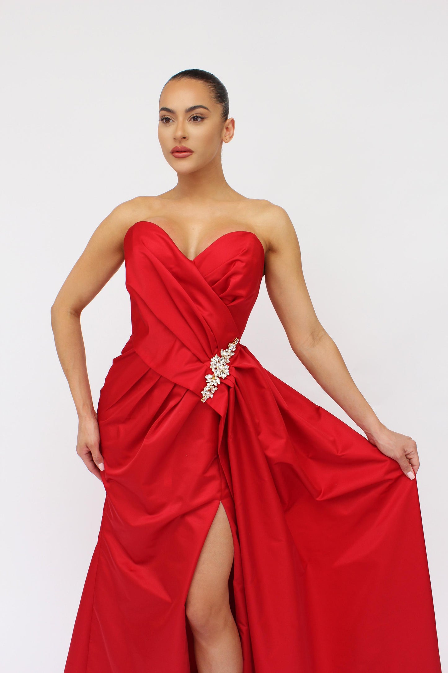 Formal elegance sweetheart embellished side slit draped gown