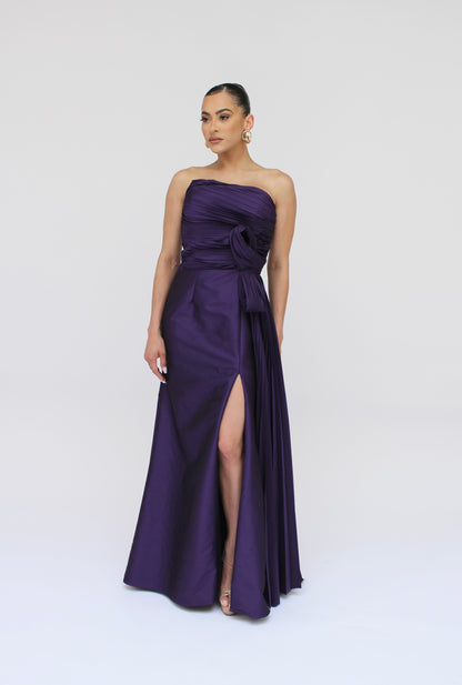 Victorian satin asymmetrical strapless knot detail side slit Ivanka gown