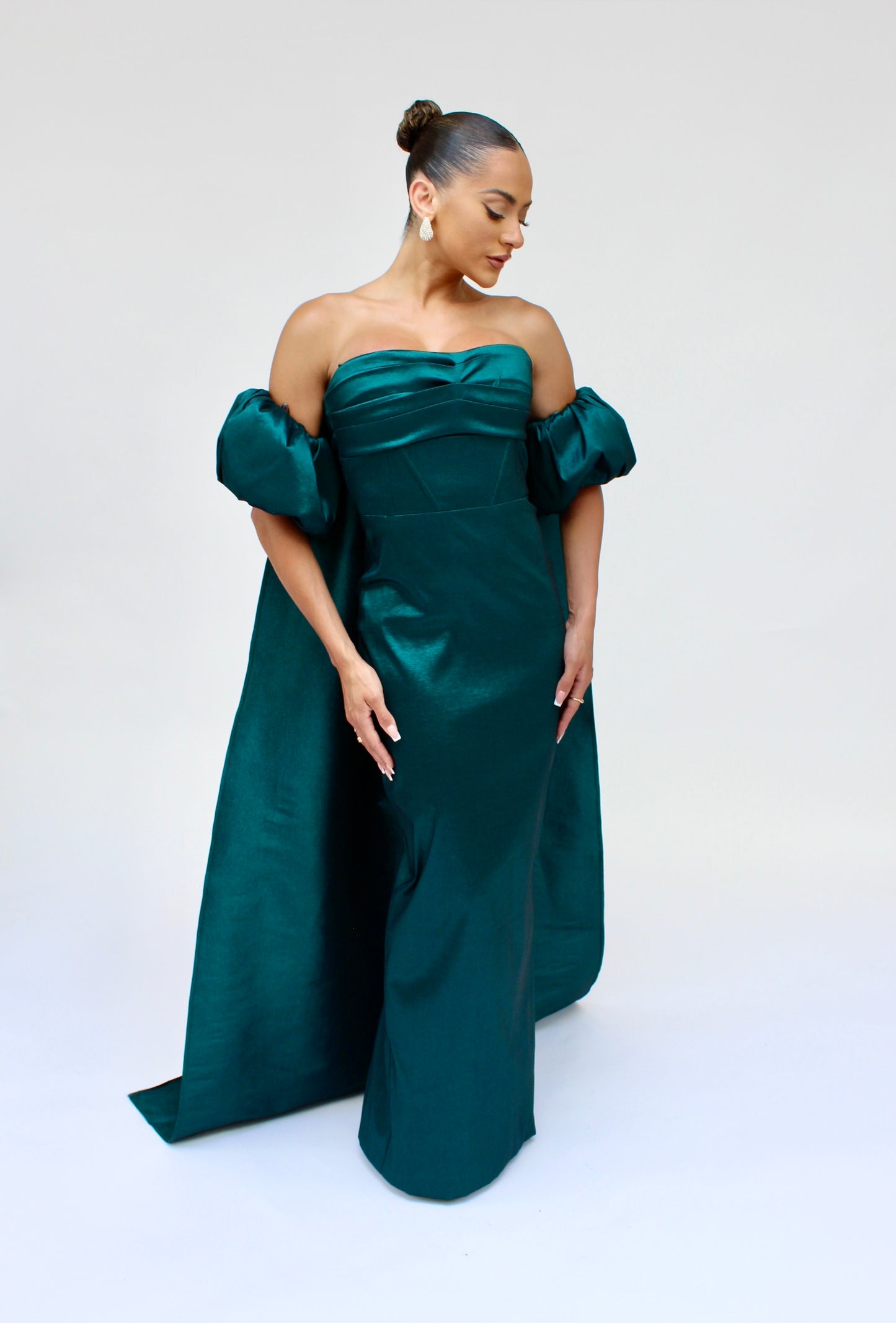 Special Entrance strapless taffeta gown with detachable cape