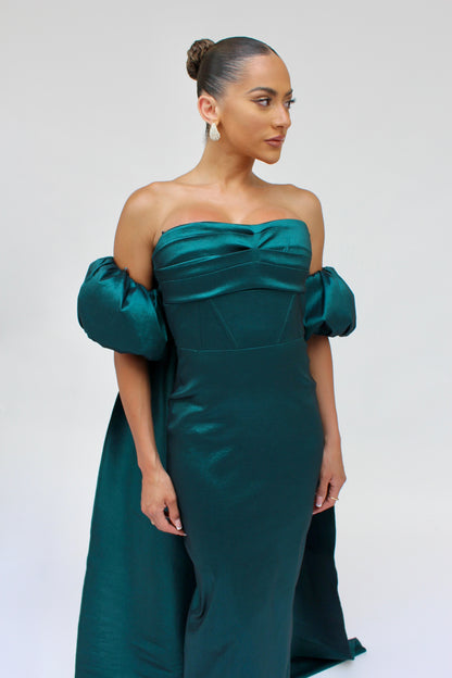 Special Entrance strapless taffeta gown with detachable cape