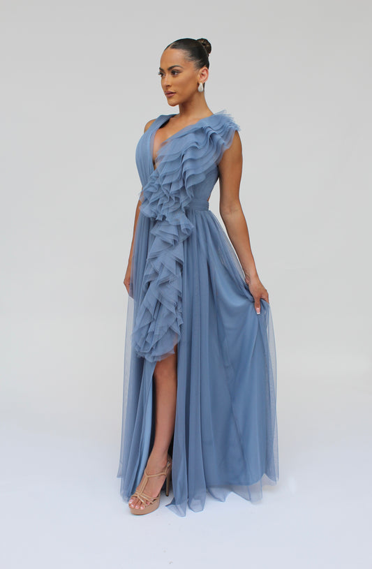 *Pre-Order Elevated ruffle layered tulle cascading gown with front slit