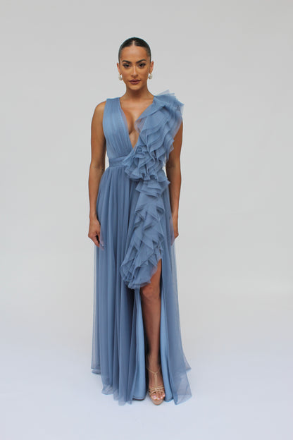 *Pre-Order Elevated ruffle layered tulle cascading gown with front slit