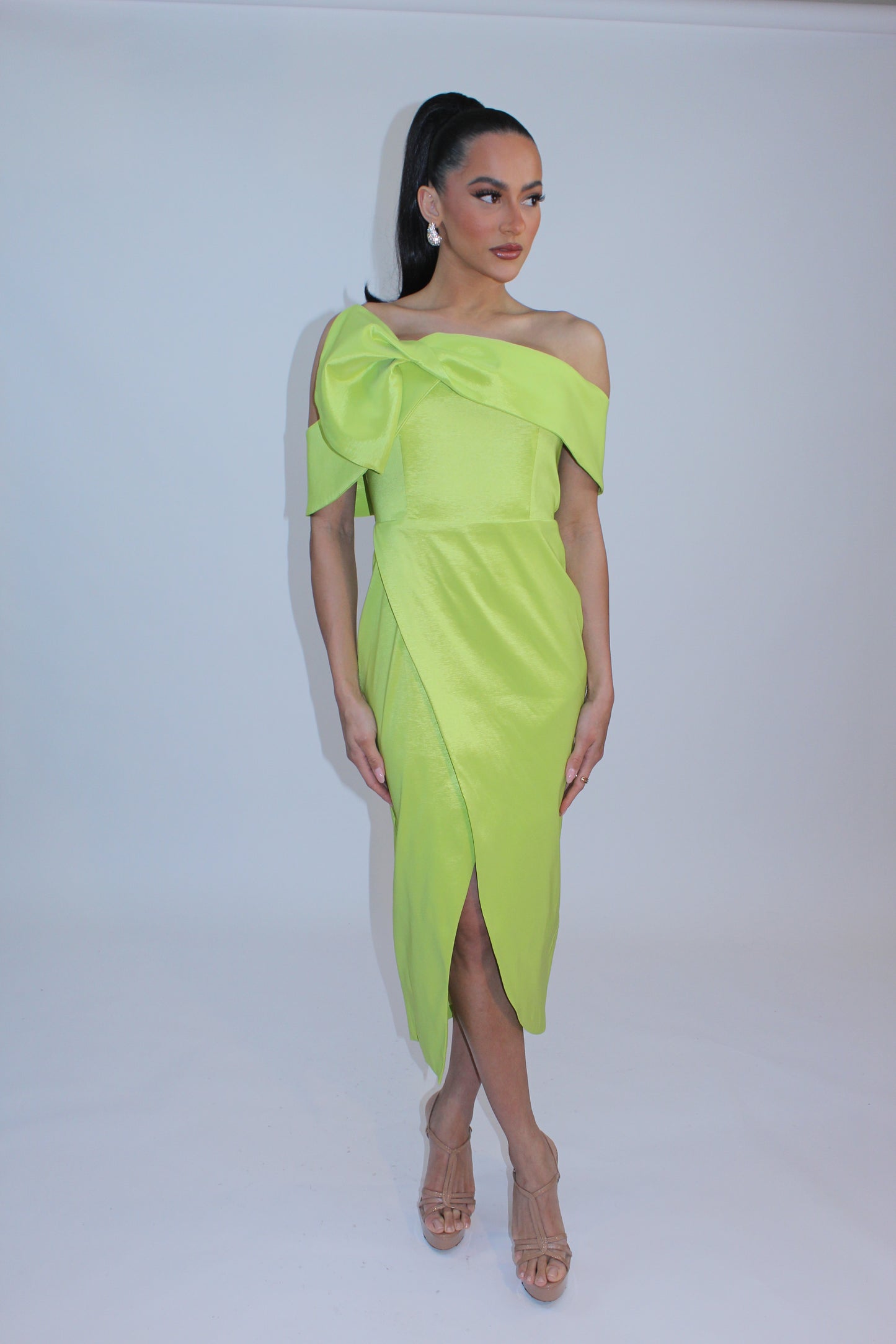 Classy demeanor off the shoulder midi taffeta dress