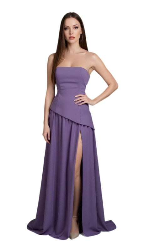 Strapless asymmetrical corset slit gown