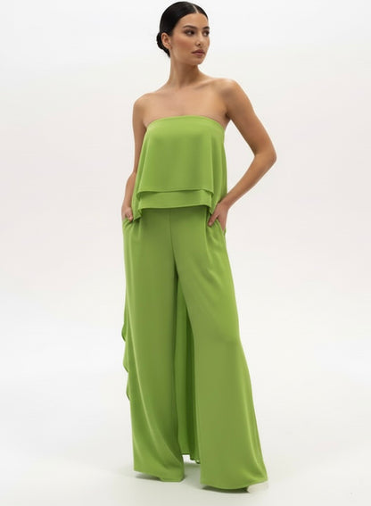 Strapless dobby high-low layered top and high waisted pants with pockets set