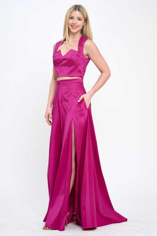 Taffeta crop top and high waisted slit maxi skirt set