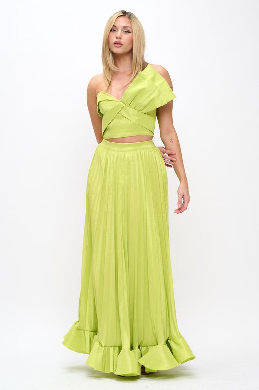 Taffeta bow crop top and pleated maxi skirt set