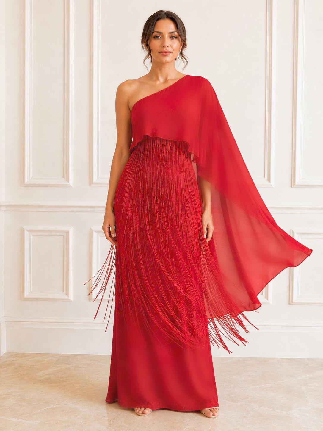 Stunning one-shoulder chiffon fringes evening maxi.