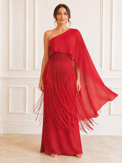 Stunning one-shoulder chiffon fringes evening maxi.
