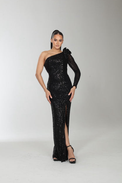 Alluring one shoulder sequin slit gown