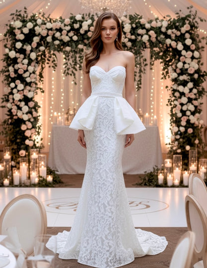 Strapless sweetheart corset lace mermaid peplum taffeta bow back gown