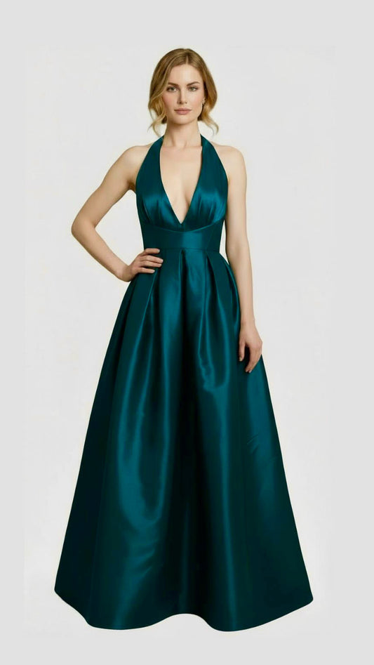 Deep plunging neckline halter taffeta ballgown