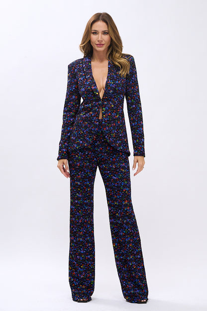 Stretchy floral lace tulip hem jacket and high waisted pants suit set