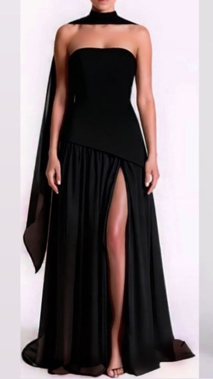 Strapless asymmetrical corset slit gown