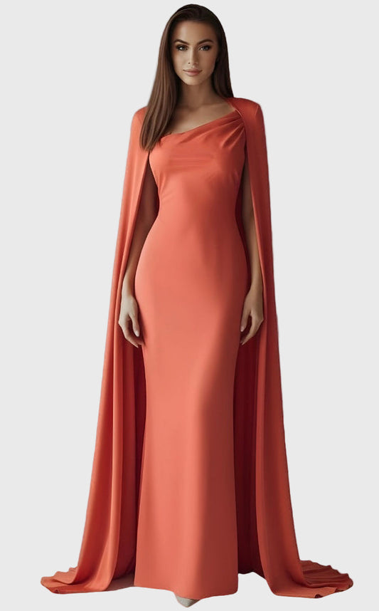 Asymmetrical satin matte gown and draping cape