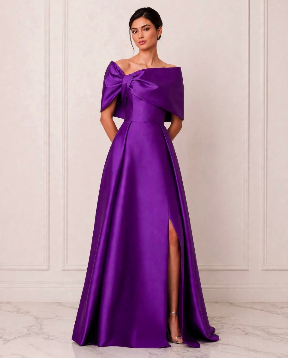 Off the shoulder taffeta slit ball gown