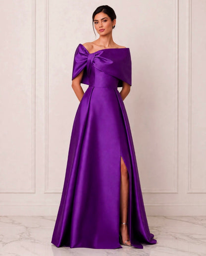 Off the shoulder taffeta slit ball gown