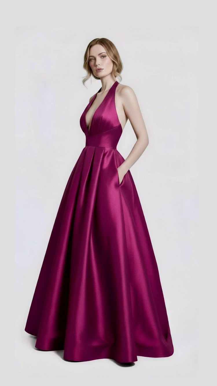 Deep plunging neckline halter taffeta ballgown