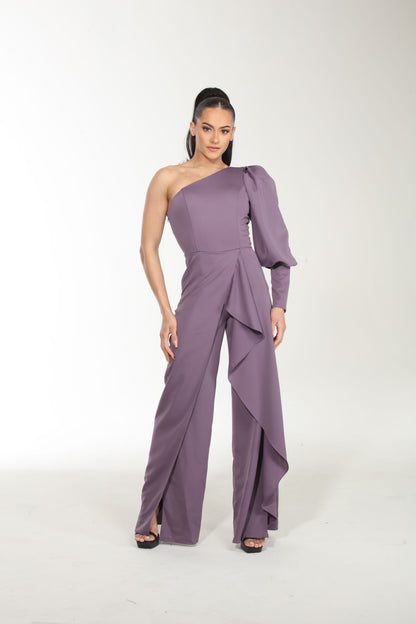 One sided shoulder cascading jumpsuit