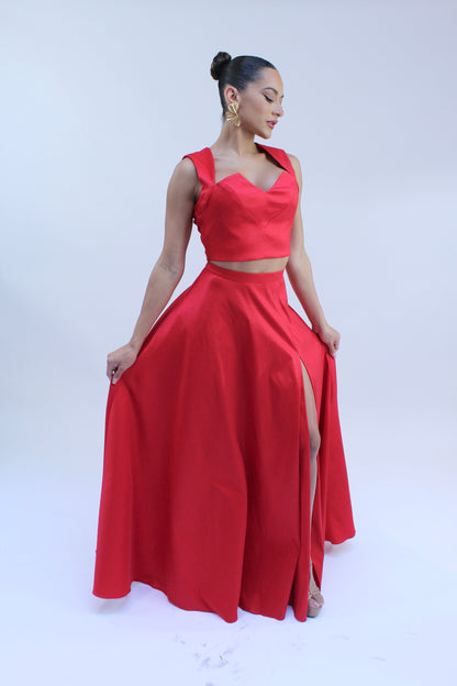 Taffeta crop top and high waisted slit maxi skirt set