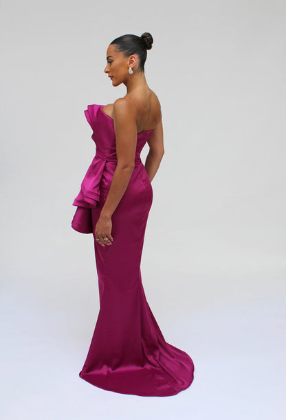 Strapless cascading drape gown