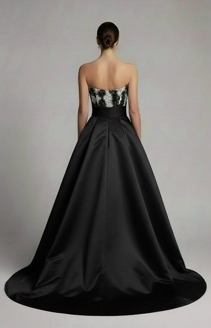 Strapless corset crochet floral lace and satin taffeta gown with detachable bow belt