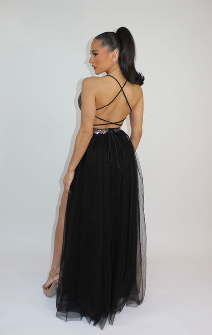 Sequin and tulle side slit tie back gown