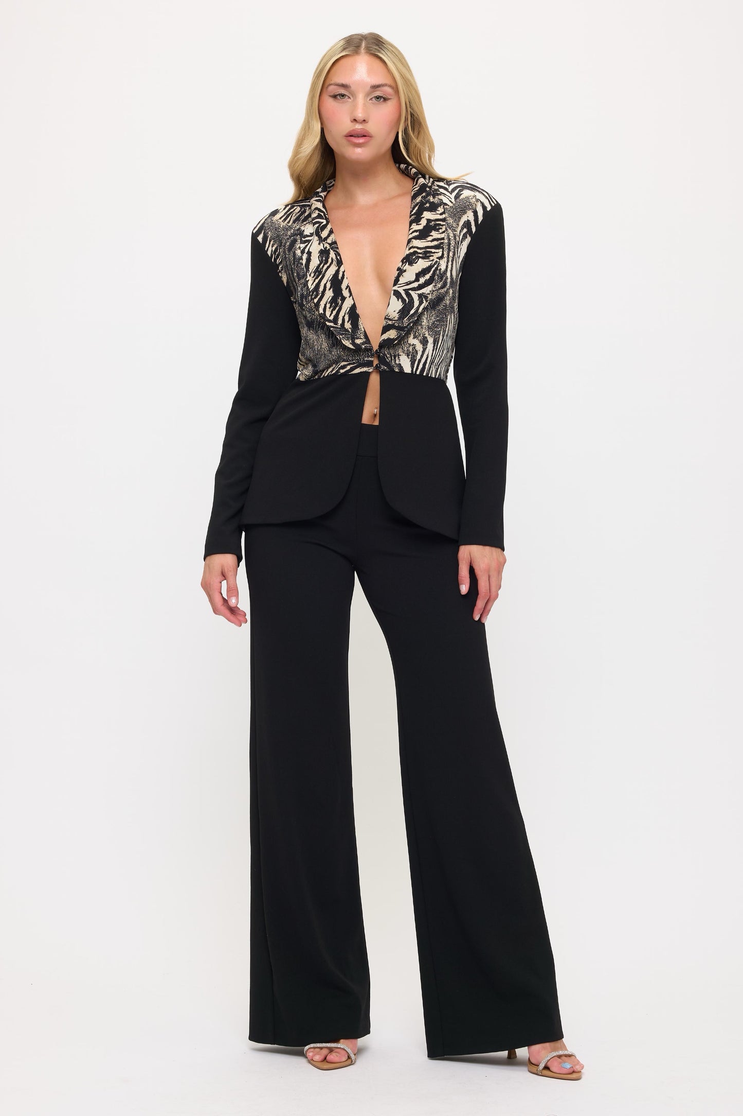 Bold tiger print jacket and high waisted pants suit set