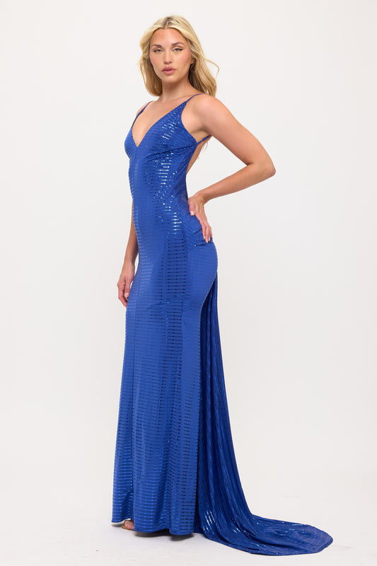 Metallic hourglass open knot back draping silhouette gown