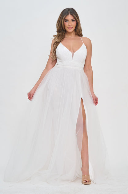Sequin and tulle side slit tie back gown