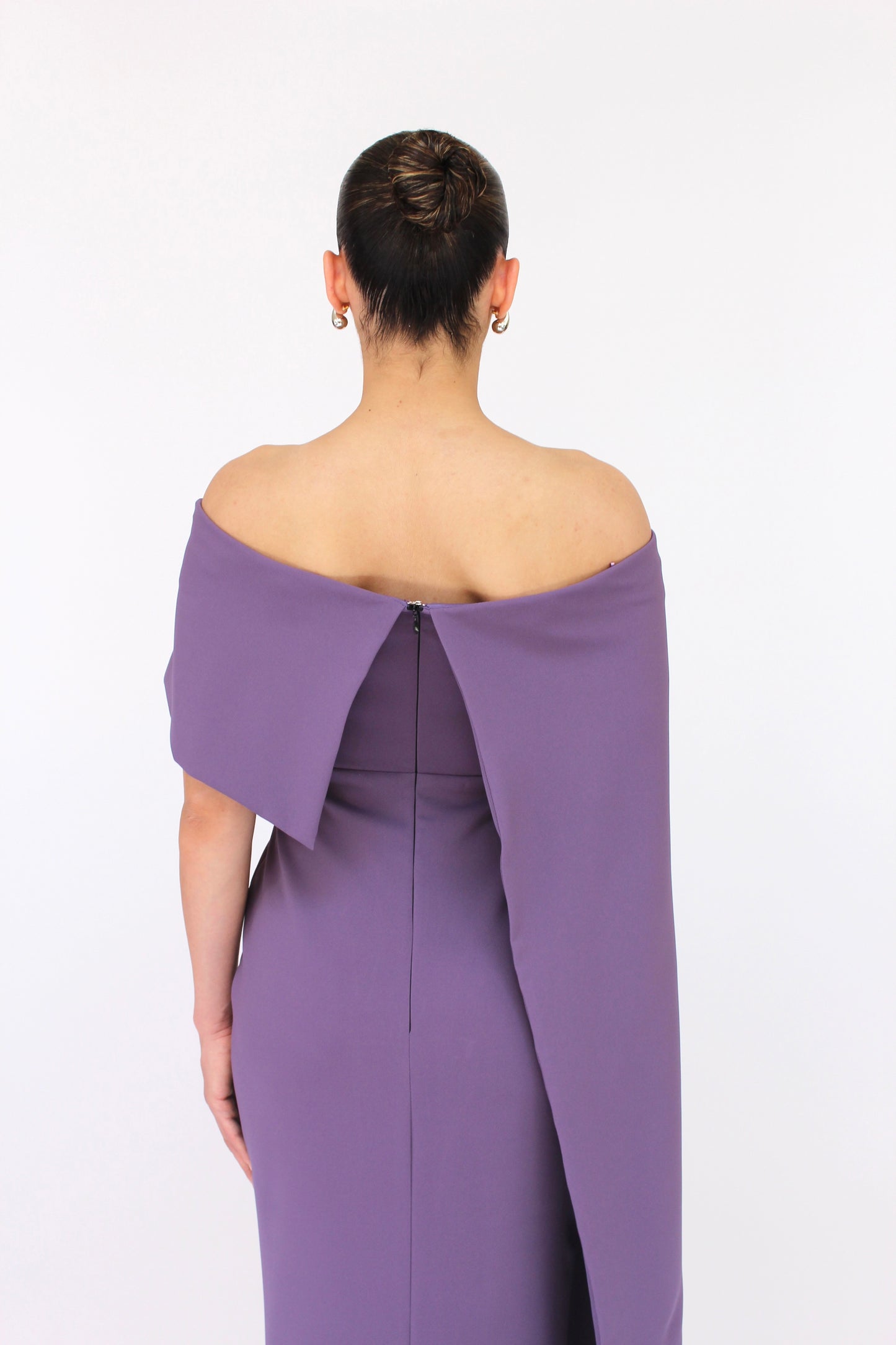 Dramatic elegance off shoulder draped split sleeve dress