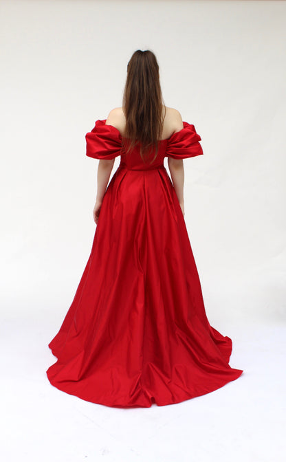 Midnight gala off shoulder satin gown w/ pockets