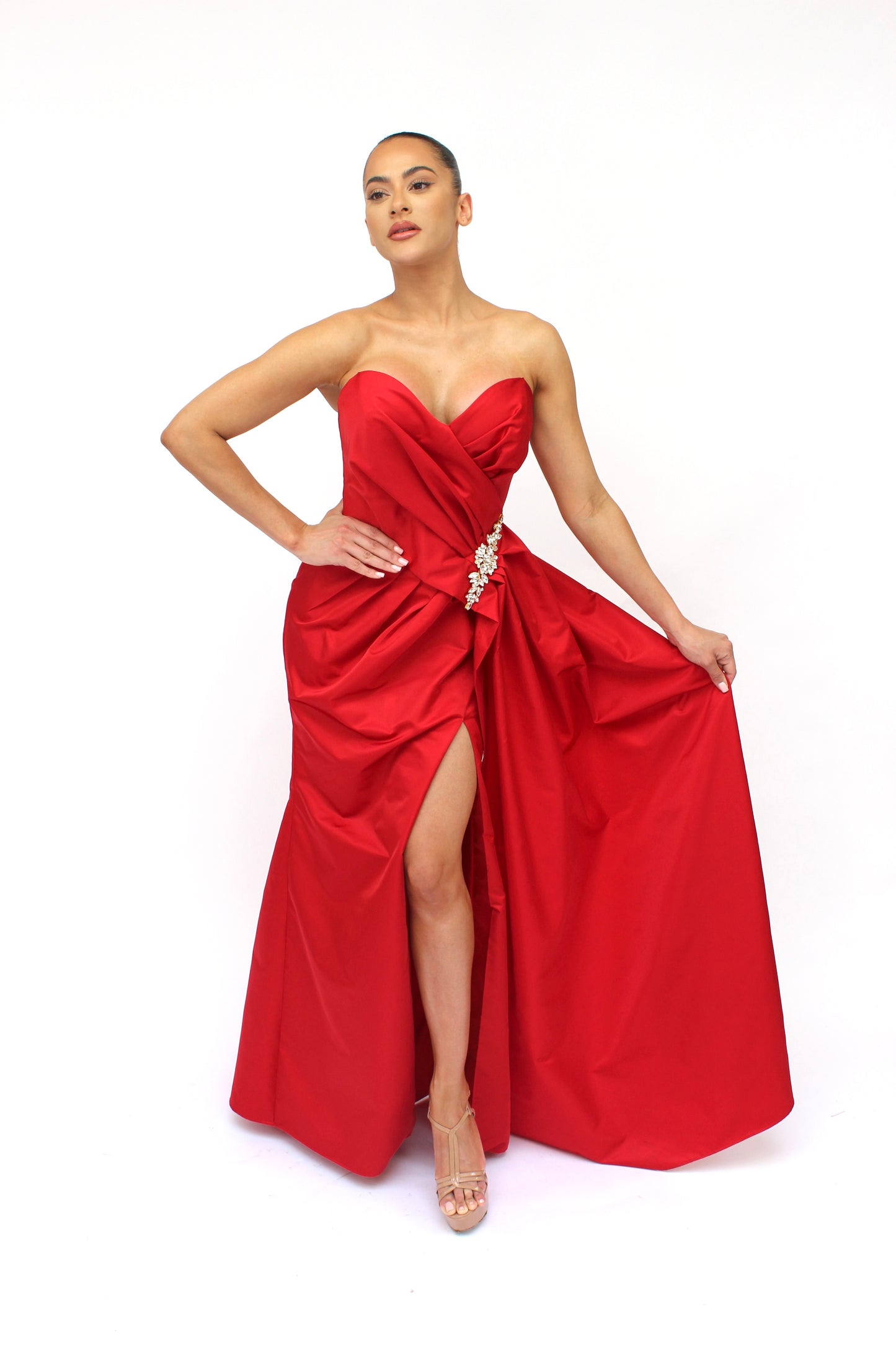 Formal elegance sweetheart embellished side slit draped gown