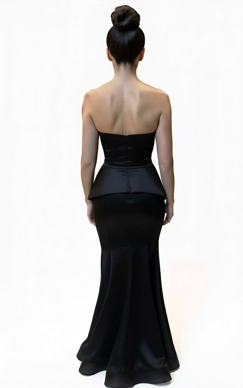 Strapless peplum gathered bust stretch taffeta gown