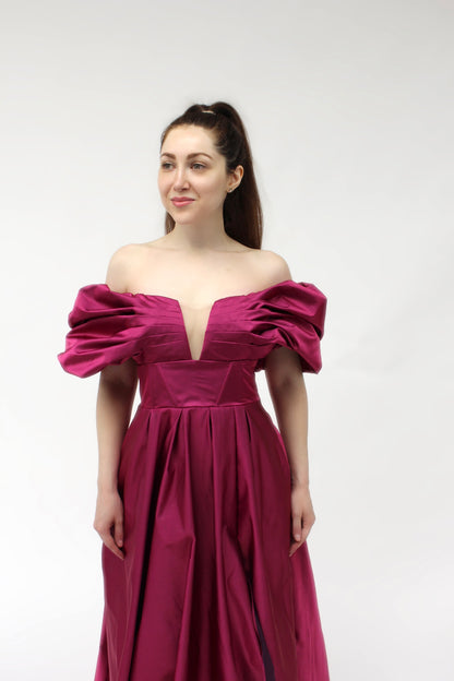 Midnight gala off shoulder satin gown w/ pockets