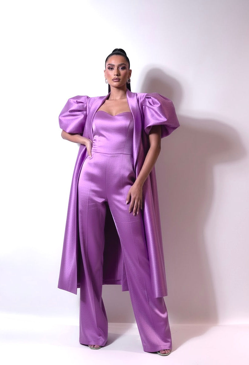 Puff shoulder stretch taffeta cape and jumpsuit set