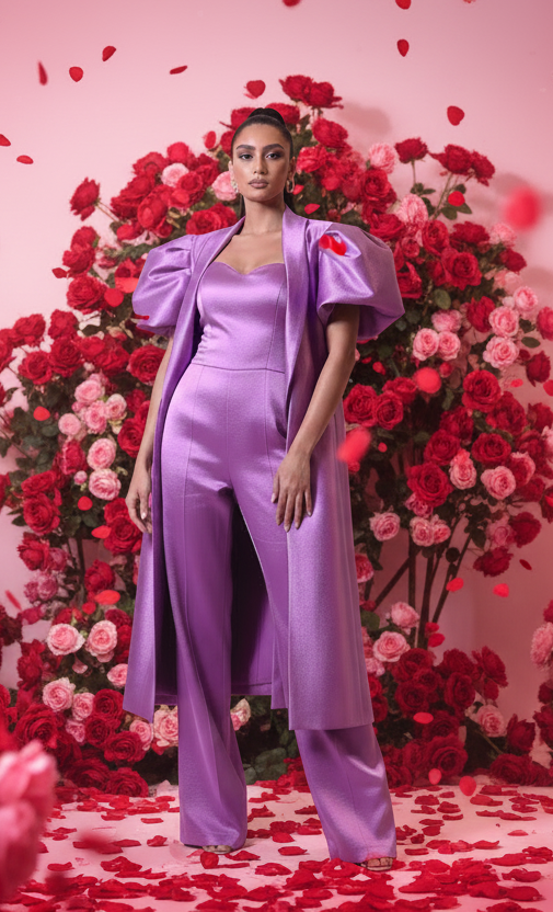 Puff shoulder stretch taffeta cape and jumpsuit set