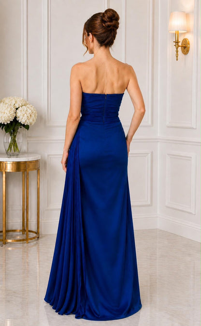 Strapless pleated bow taffeta slit gown