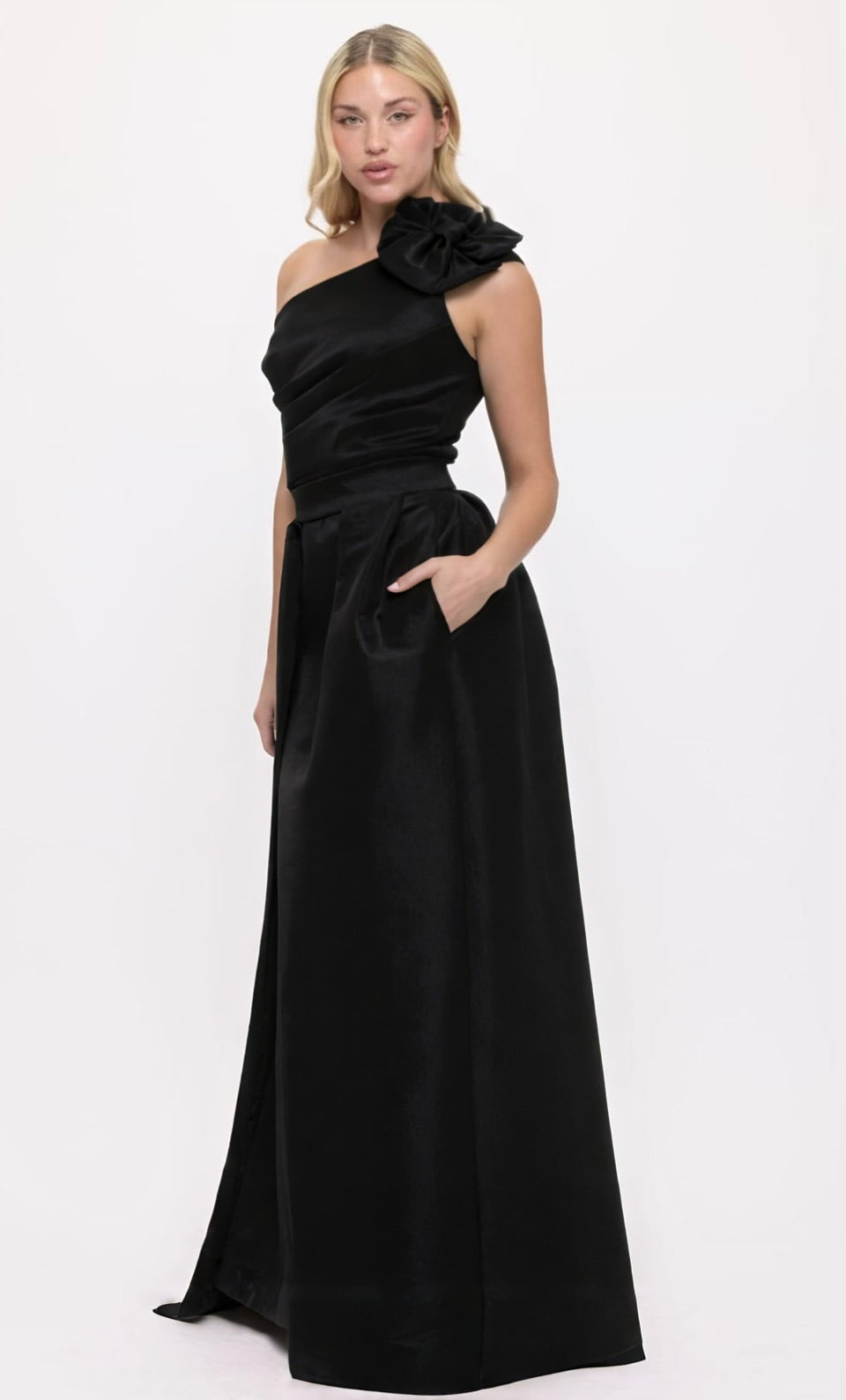 One shoulder flower bow detail taffeta gown with detachable belt train