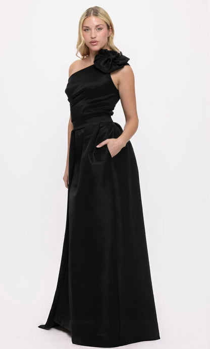 One shoulder flower bow detail taffeta gown with detachable belt train