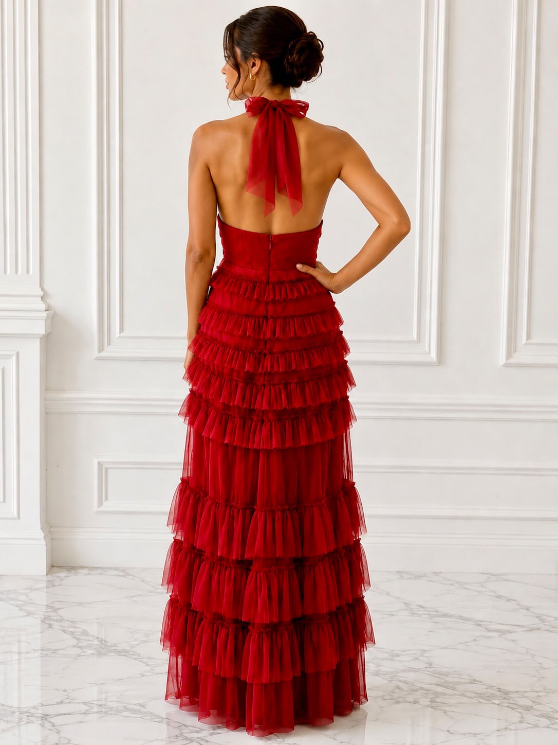 Captivating tiered tulle halter maxi dress