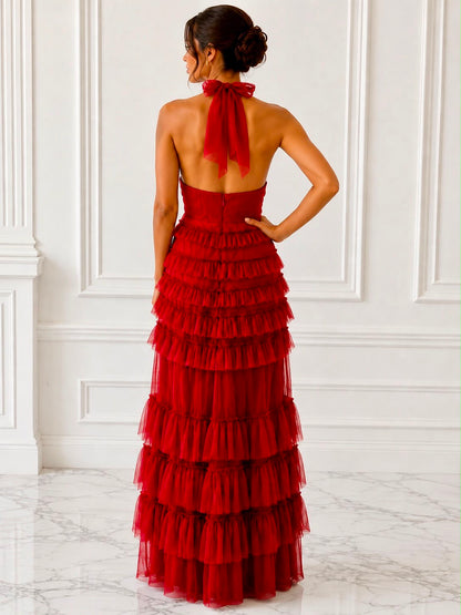 Captivating tiered tulle halter maxi dress