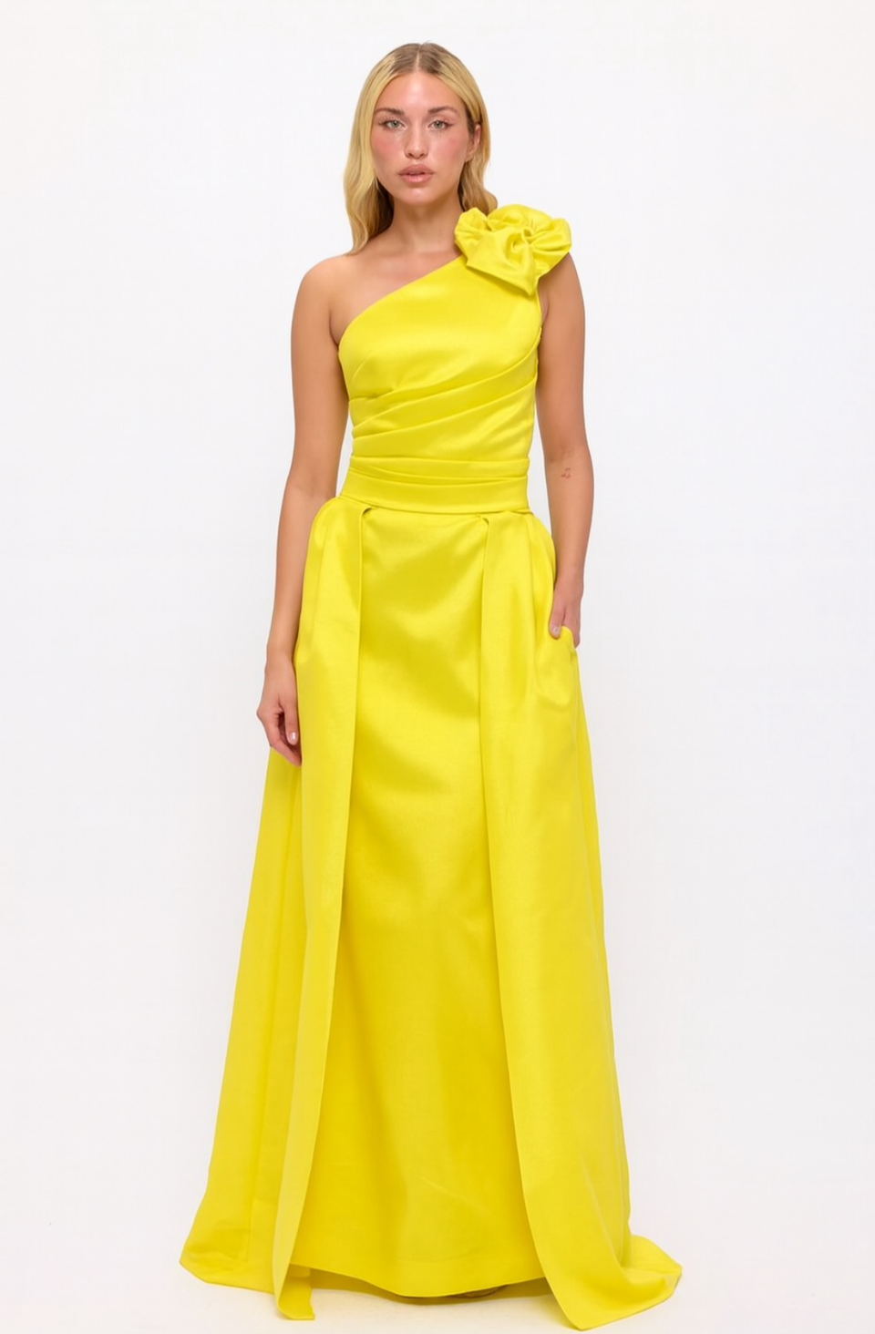 One shoulder flower bow detail taffeta gown with detachable belt train