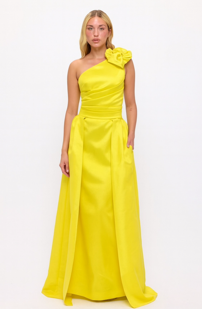 One shoulder flower bow detail taffeta gown with detachable belt train