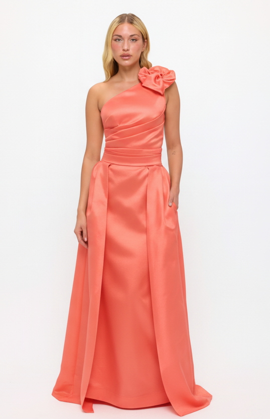 One shoulder flower bow detail taffeta gown with detachable belt train