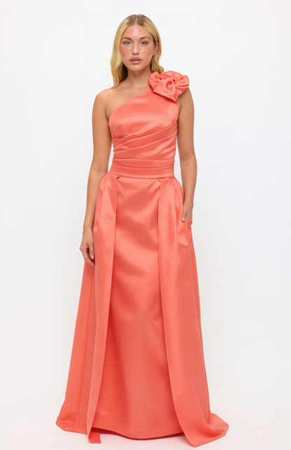 One shoulder flower bow detail taffeta gown with detachable belt train