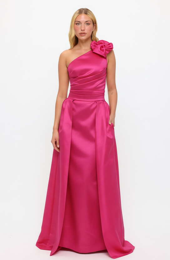 One shoulder flower bow detail taffeta gown with detachable belt train