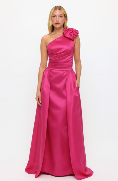 One shoulder flower bow detail taffeta gown with detachable belt train