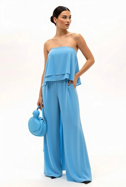 Strapless dobby high-low layered top and high waisted pants with pockets set