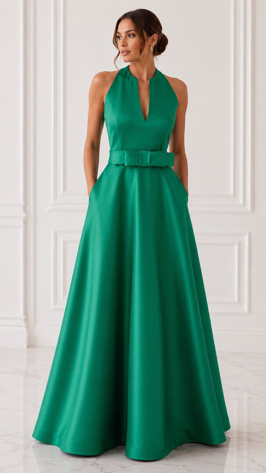 Sleeveless satin ball gown with detachable bow belt